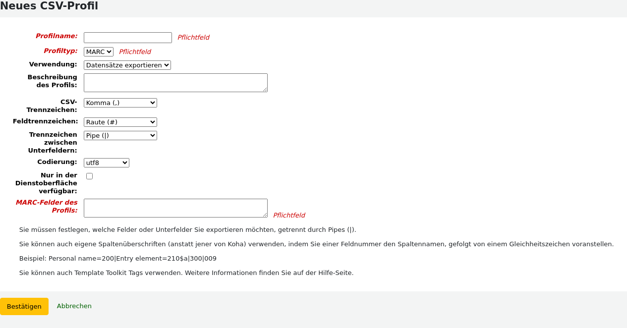 Formular für das Anlegen eines neuen CSV-Profils