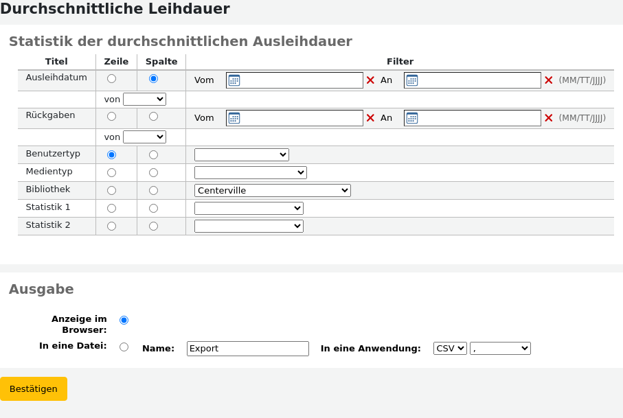 Assistent zur Erstellung von Berichten über die durchschnittliche Ausleihdauer, mit Optionen zur Auswahl der Berichtsparameter (Ausleihdatum, Benutzertyp, Exemplartyp...)