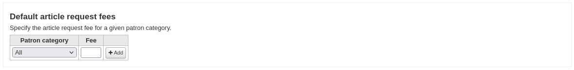 Default article request fee by patron category form in the circulation and fines rules page