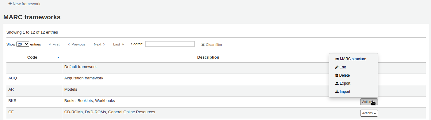 The 'Actions' button for a MARC framework, options are: MARC structure, Edit, Delete, Export, Import