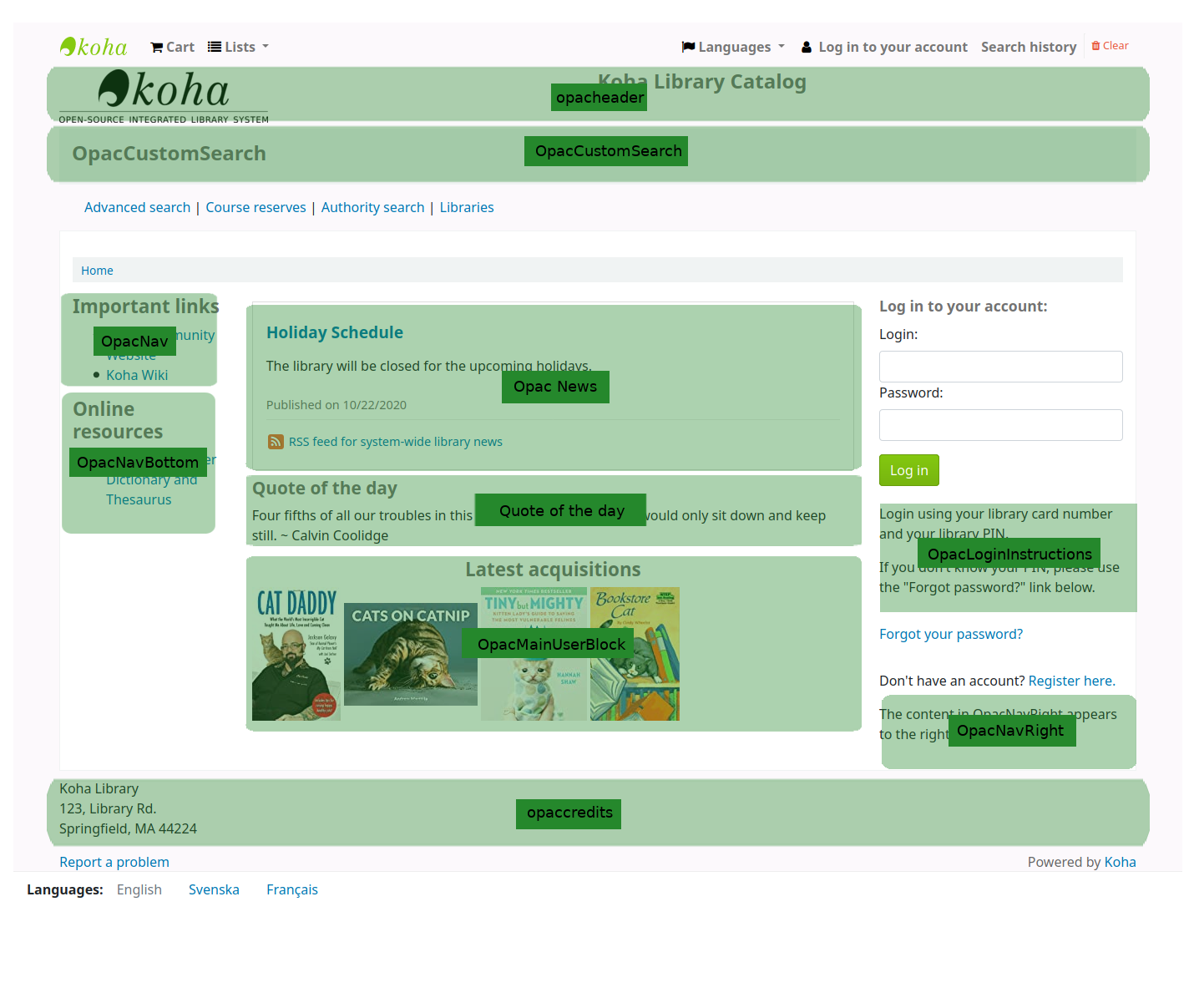 View of the main page of the OPAC, customized, and with each section highlighted and labeled