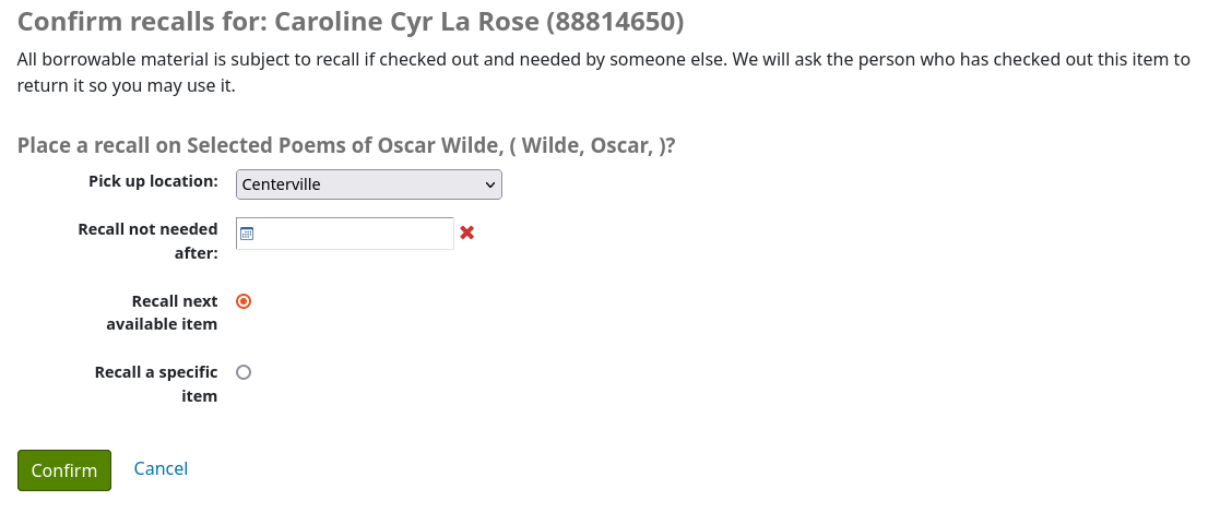 The form to request a recall in the OPAC