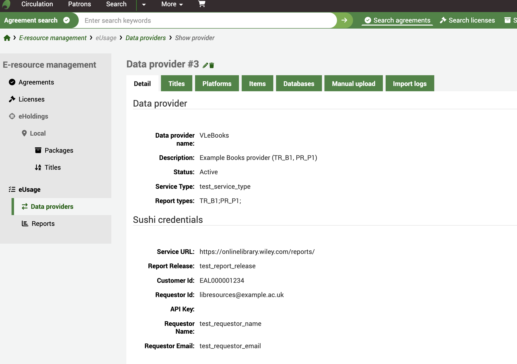 Full view of a data provider Detail tab, showing the information about the provider and SUSHI credentials.