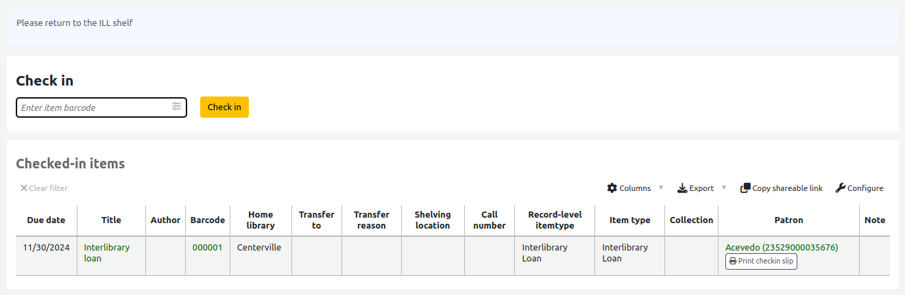 Message reading 'Please return to ILL shelf' in a pale blue box in the checkin page