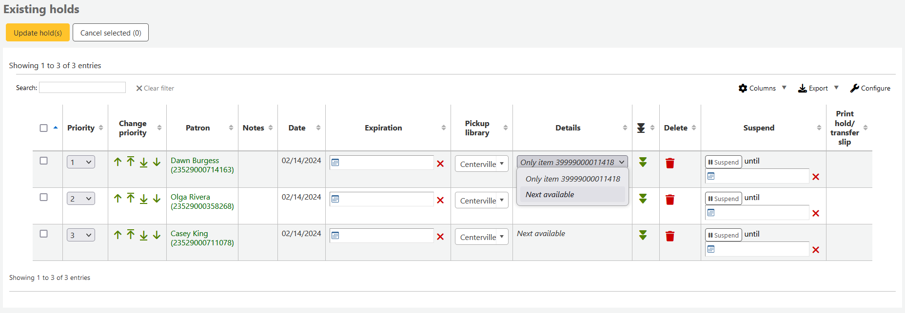 In the table of existing holds on a record, the 'Details' dropdown is open and the option to set the hold level to 'Next available' is selected