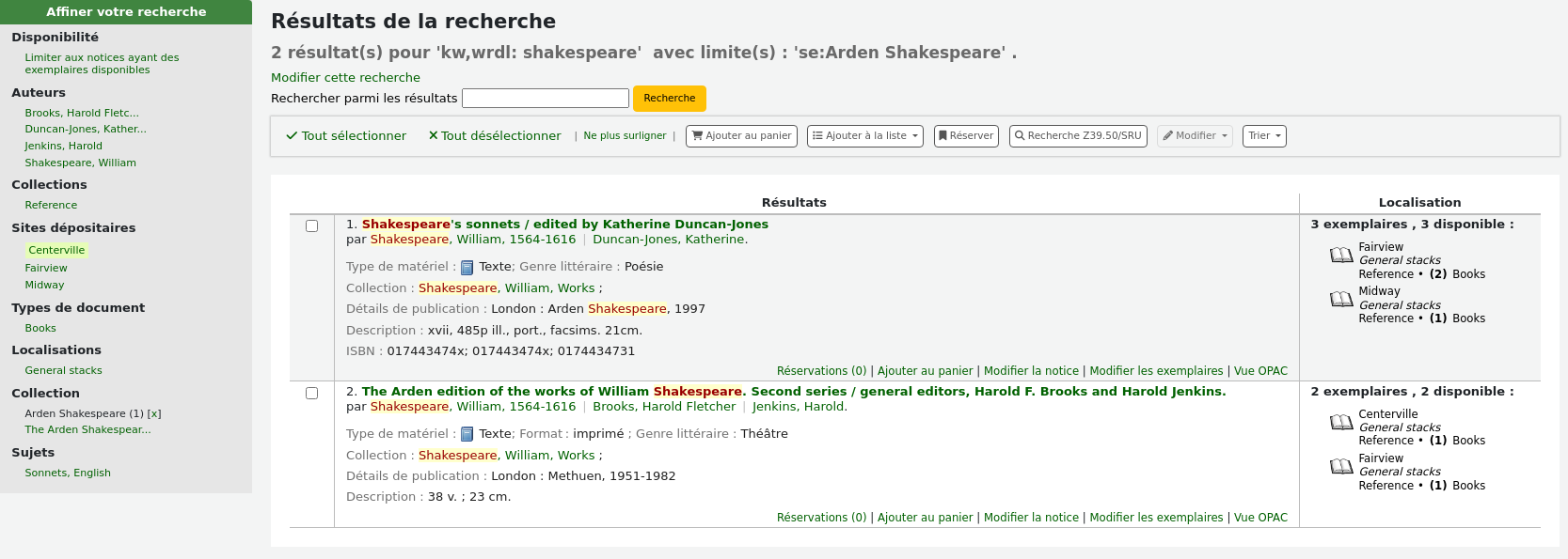 Ecran de résultats de recherche, 6 résultats trouvés pour 'shakespeare'