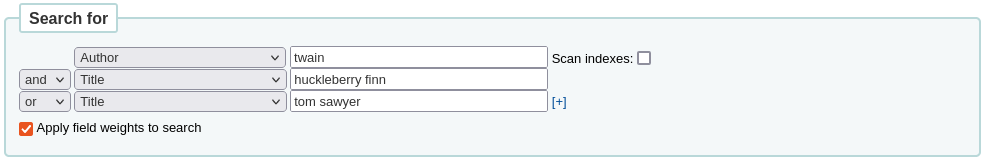 Recherche pour la section du formulaire de recherche avancée dans l'interface professionnelle quand plus d'options sont activées avec un exemple (Auteur Twain et Titre Huckleberry Finn ou Titre Tom sawyer)