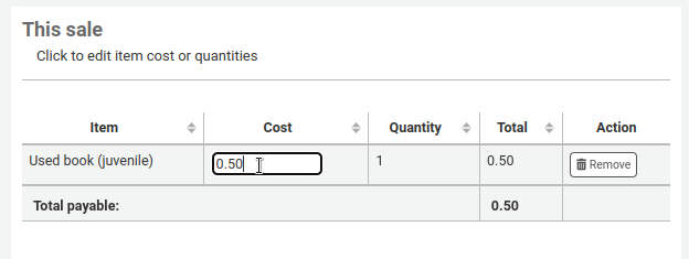 Section "Cette vente" de la page point de vente, le curseur d ela souris est au-dessus du champ "Coût", qui est modifiable.