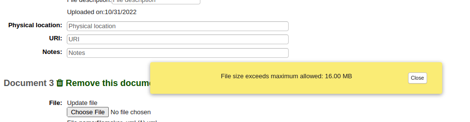 La section Documents est en arrière-plan. Au premier plan, le message d'erreur 'File size exceeds maximum allowed : 16.00 MB' apparaît.