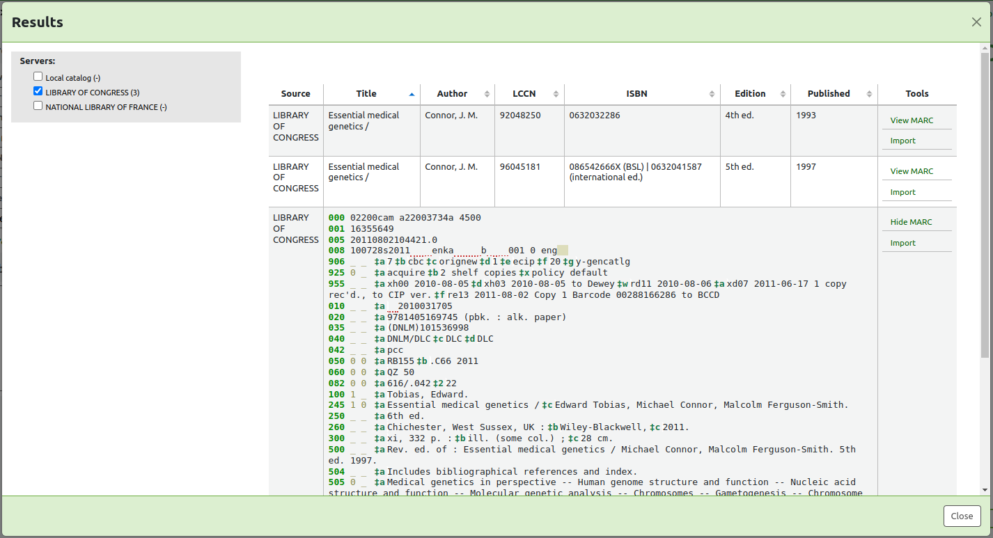 Advanced cataloging editor Z39.50 search results. The MARC record is shown for one of the results. For that result, the link 'View MARC' in the Tools column is now 'Hide MARC'.