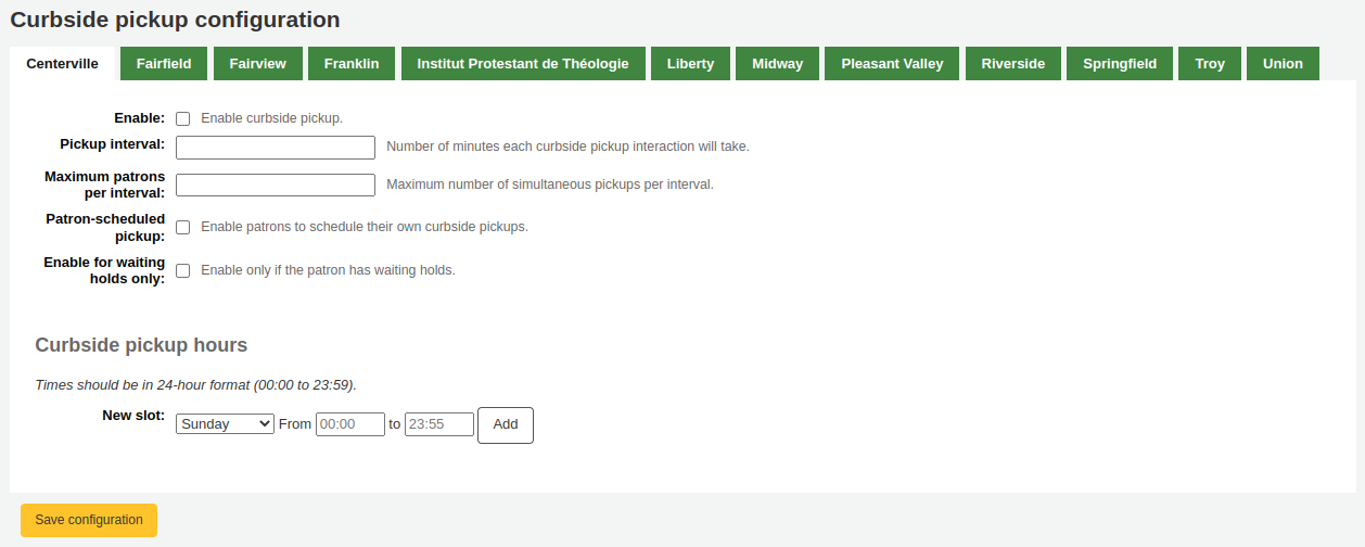 Curbside pickup configuration page, there are tabs at the top of the page for each library in the system, with a form under them