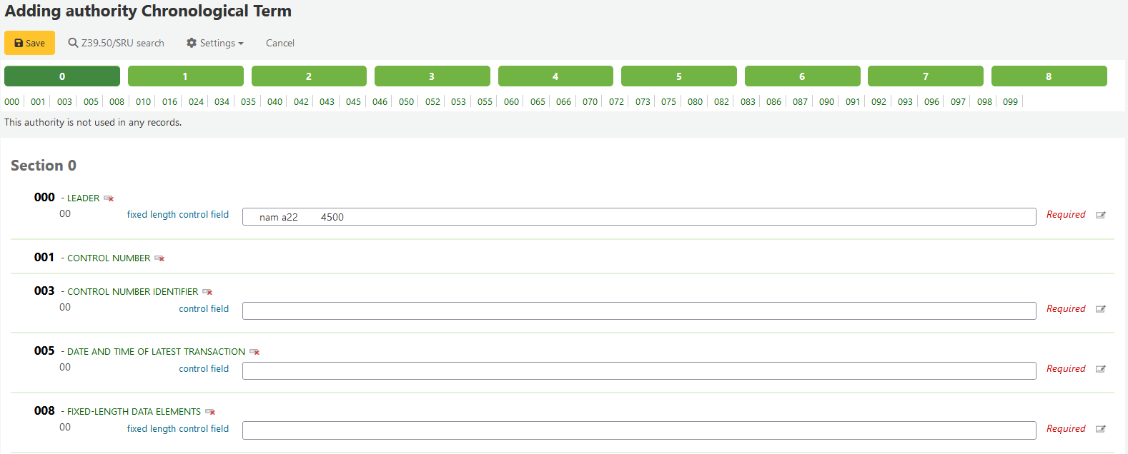 Empty authority cataloging form for adding a chronological authority record showing MARC21 fields 000$ to 008$