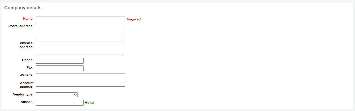 Company details section of the new vendor form