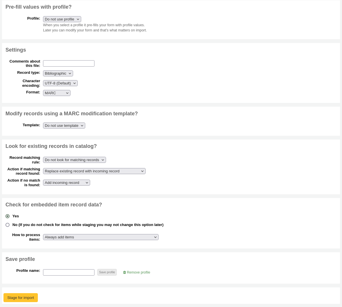 The various settings of the record staging tool