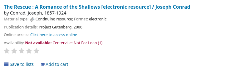 When the not for loan status is NOT in the Reference_NFL_Statuses list, it will appear as 'Not available' in the OPAC. The image shows a search result in the OPAC with one item 'Not available' (in red text)