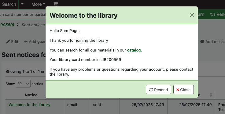 Modal entitled 'Welcome to the library'. The text reads: 'Hello Sam Page. Thank you for joining the library. You can search for all our materials in our catalog. Your library card number is LIB200569. If you have any problems or questions regarding your account, please contact the library.'