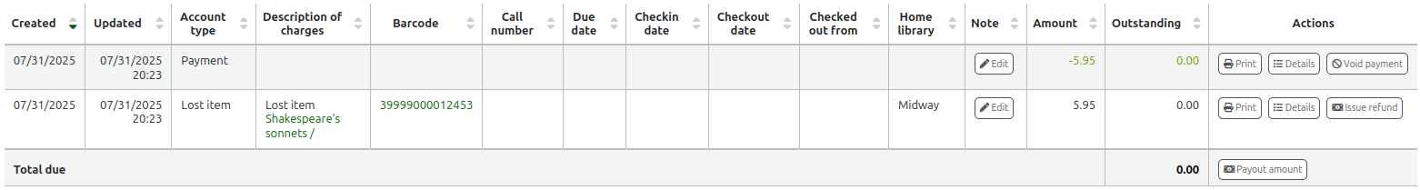 Table of accounting transactions in a patron's account showing a charge and a payment. The payment line has the action buttons 'Print', 'Details', and 'Void payment'.