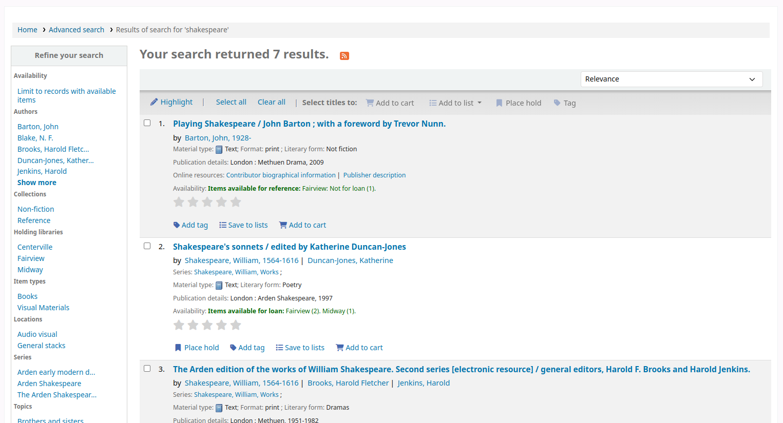 Search results list in the OPAC, facets are on the left. At the top of the page it says 'Your search returned 7 results.' followed by an RSS icon. At the top of the results list, there are buttons: Highlight, Select all, Clear all, Select title to Add to cart or Add to list, Place hold, and Tag