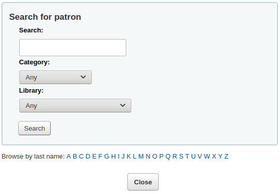 Search for patron pop up window