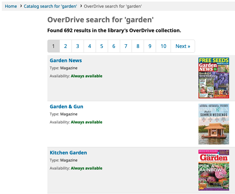OPAC OverDrive search for 'garden', with the mention 'Found 692 results in the library's OverDrive collection' above a list of titles.