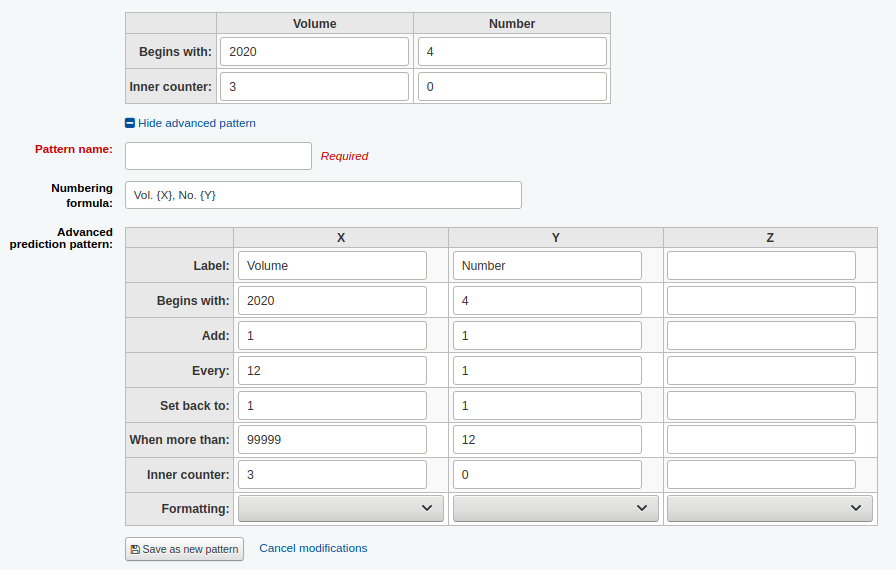 Form to create a new numbering pattern from the subscription form