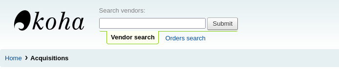 The search bar at the top of the page has two options in the acquisitions module, Vendor search and Orders search, this show the vendor search option