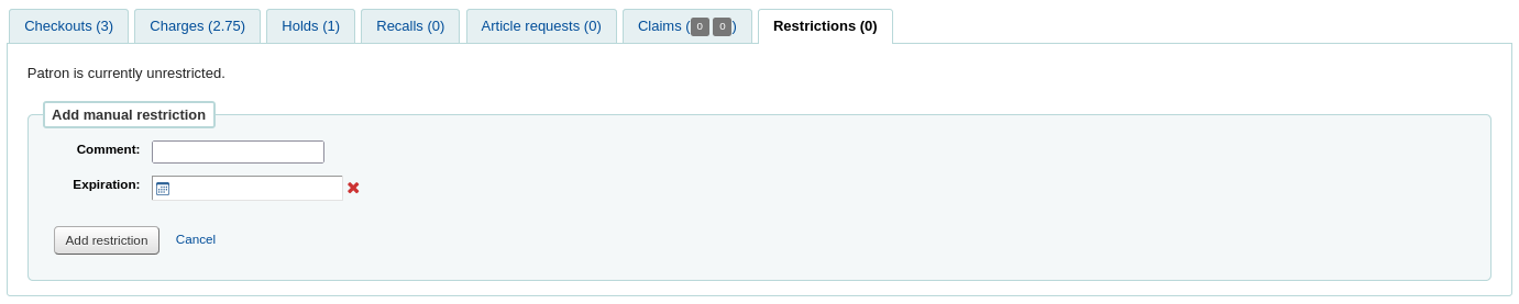 Form to add a restriction on the patron's file