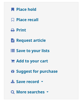 List of options: Place hold, Place recall, Print, Request article, Save to your lists, Add to your cart, Suggest for purchase, Save record, More searches