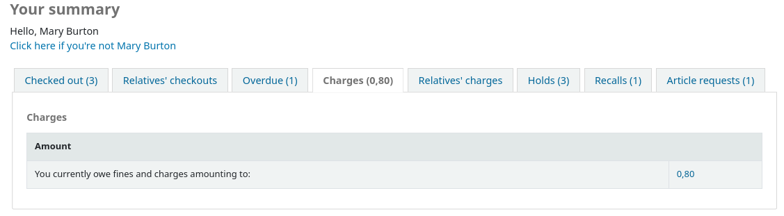 The Charges tab in a patron's summary page on the OPAC