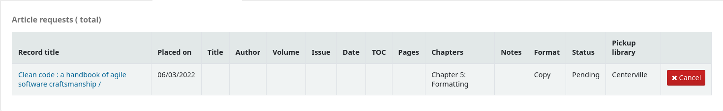 The view of an article request in the patron's account in the OPAC, the status is set to pending