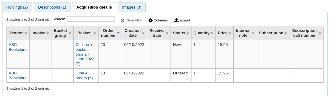 Acquisition details tab in the detailed record