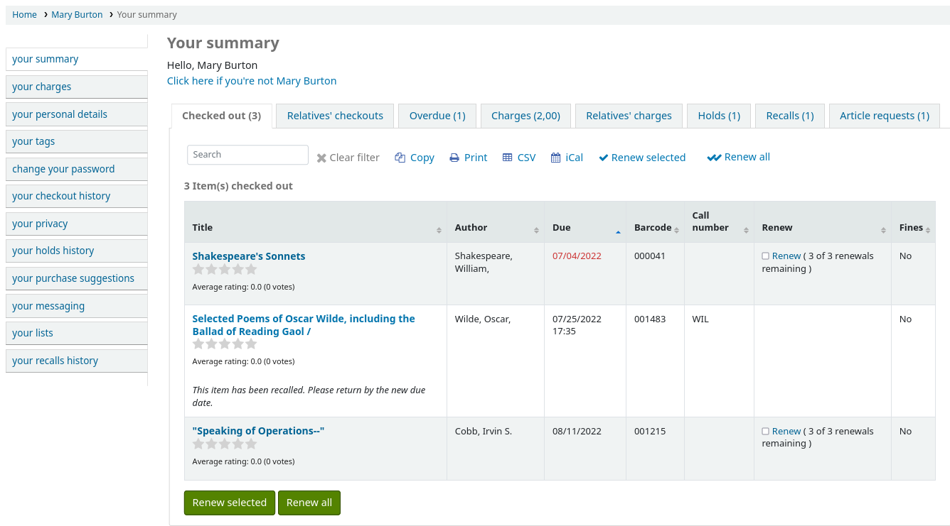 View of the account summary on the OPAC