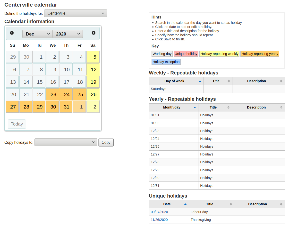 View of the calendar page showing the calendar and all the programmed holidays