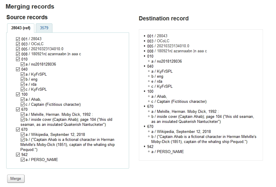 Screenshot of the Merging Records window showing the Source Records and Destination Records in MARC