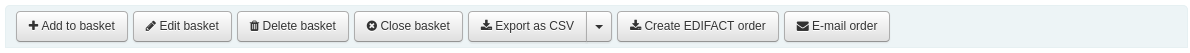 Buttons at the top of the basket page: Add to basket, Edit basket, Delete basket, Export as CSV, E-mail order