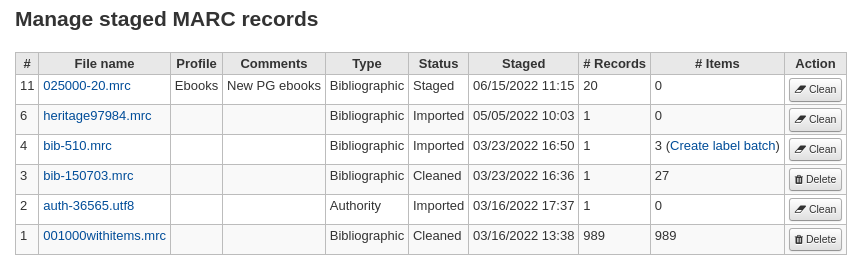 Table of staged files