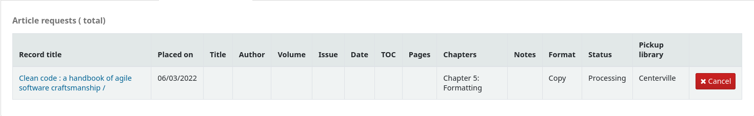 The view of an article request in the patron's account in the OPAC, the status is set to processing