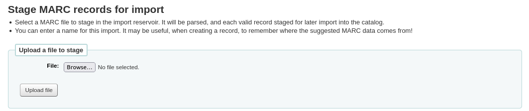 The first section of the record staging tool, upload a file to stage