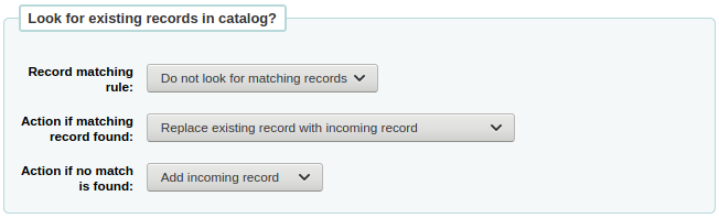 The 'Look for existing records in catalog' section of the record staging form