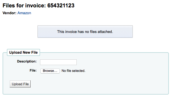 A message says 'This invoice has no files attached.' above a form to upload files