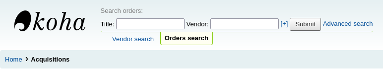 The search bar at the top of the page has two options in the acquisitions module, Vendor search and Orders search, this show the order search option