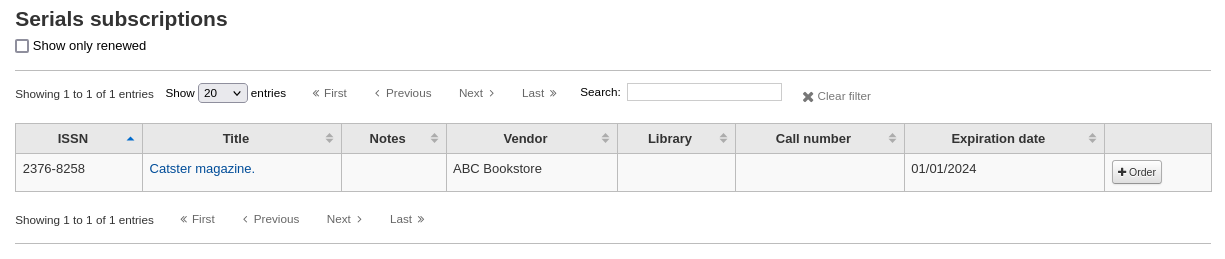 Table of results of serials subscription search, the last column contains an Order button