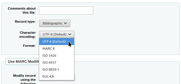 Dropdown list of available encoding schemes: UTF-8 is the default, MARC8, ISO 5426, ISO 6937, ISO 8859-1, or EUC-KR