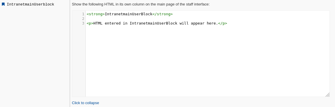 The HTML code entered in IntranetmainUserBlock