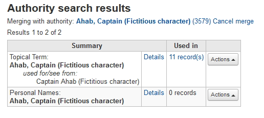 Screenshot showing the authorized term and its authority record number, and Cancel Merge option at top of search results