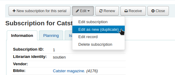 The Edit as new (duplicate) option under the Edit button in the subscription details page