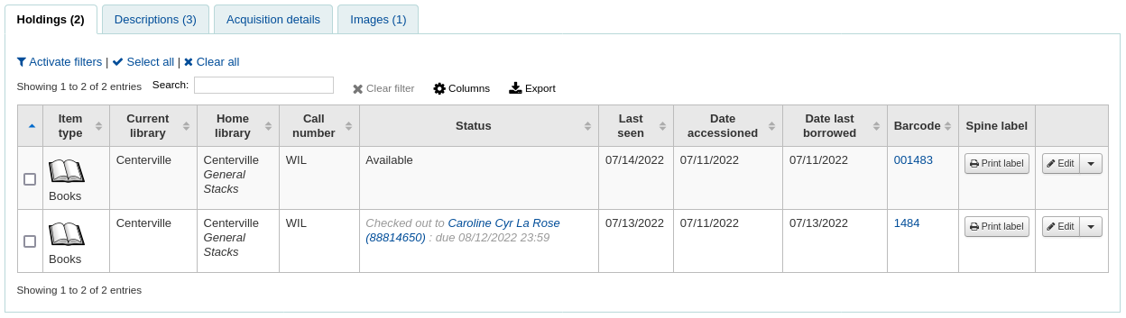 A holdings table in the catalog in the staff interface, the next to last column on the right is titled 'Spine label' and there is a 'Print button' label for each item in the table