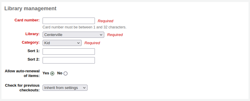 'Library management' section of the patron form