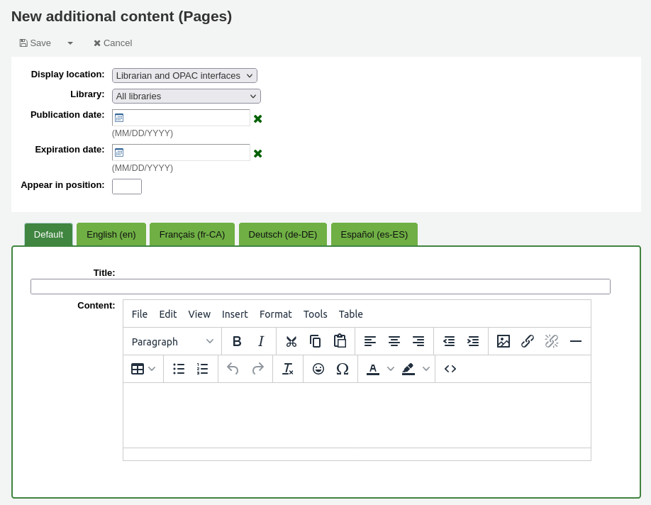 New page entry form
