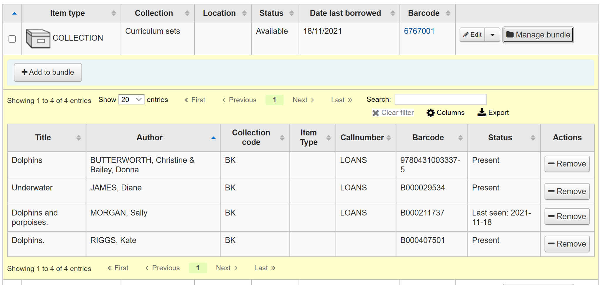 A section to manage the bundle is open under the bundle item, showing the attached items, a column status indicates 'Present' for all items except one, this one has 'Last seen' with a date